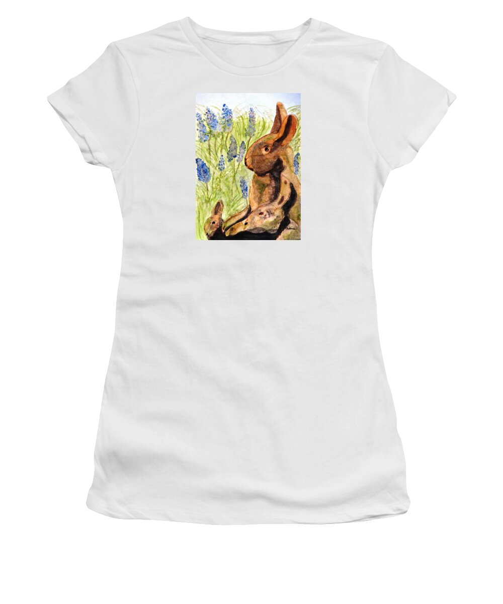 Rabbit Women's T-Shirt featuring the painting Terra Cotta Bunny Family by Angela Davies