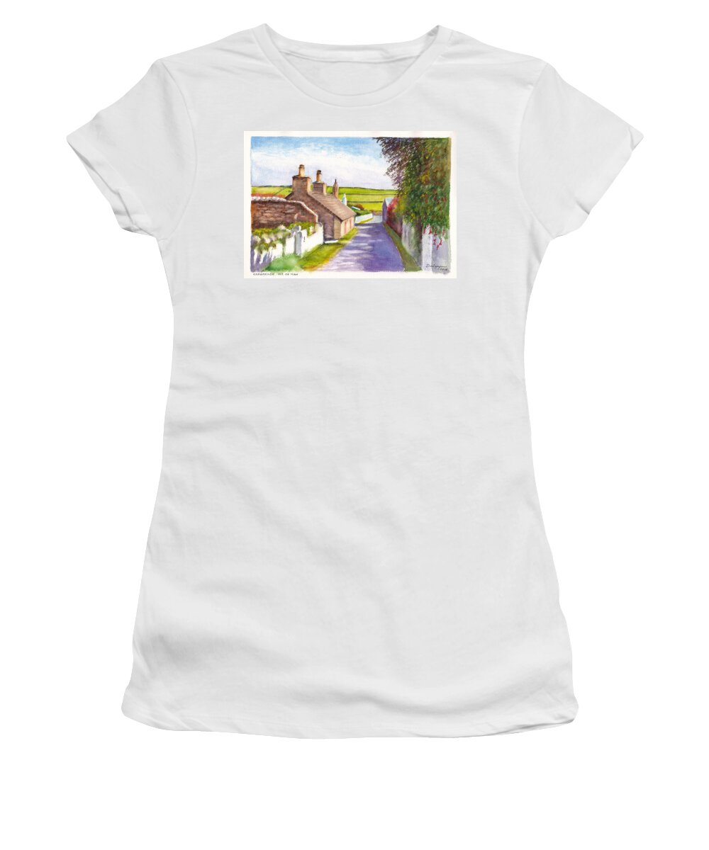 Landscape Women's T-Shirt featuring the painting Thatched Cottage Cregneash Isle of Man by Dai Wynn