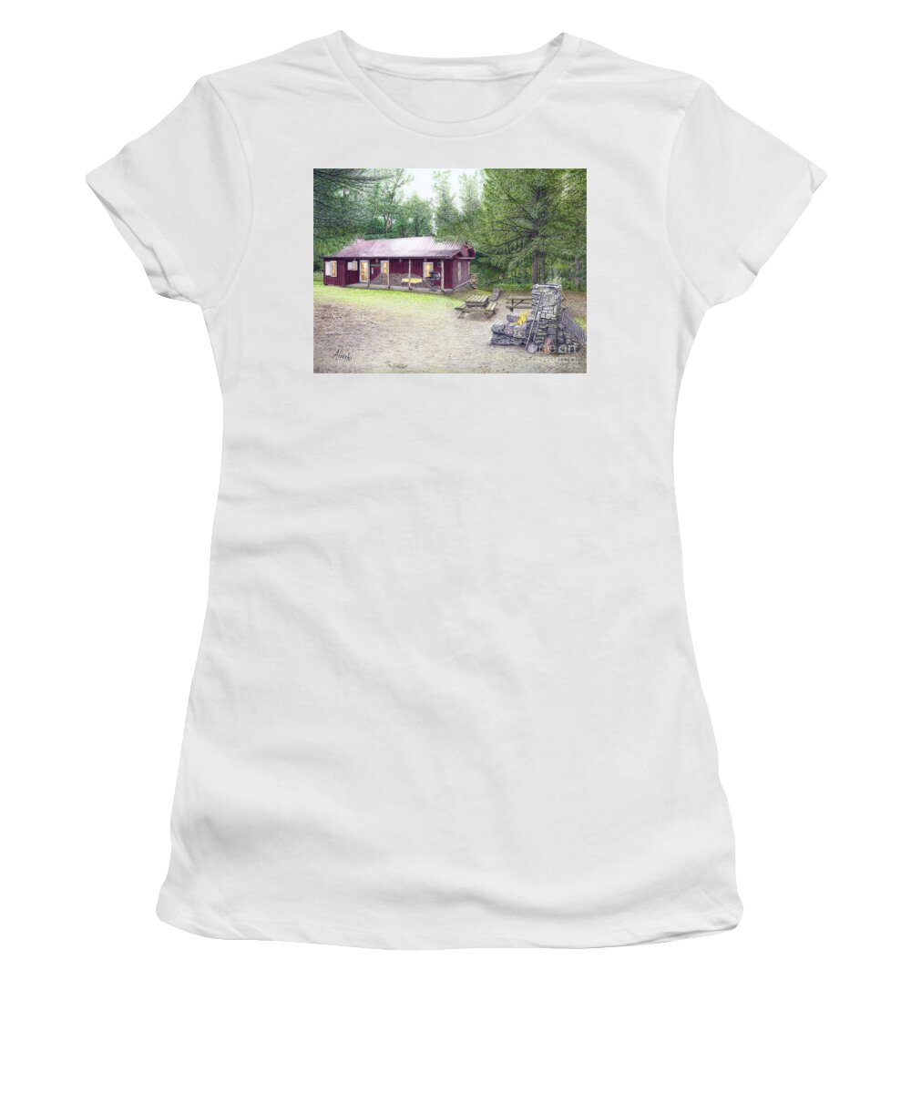 Tionesta Women's T-Shirt featuring the painting The Cabin in the Woods by Albert Puskaric