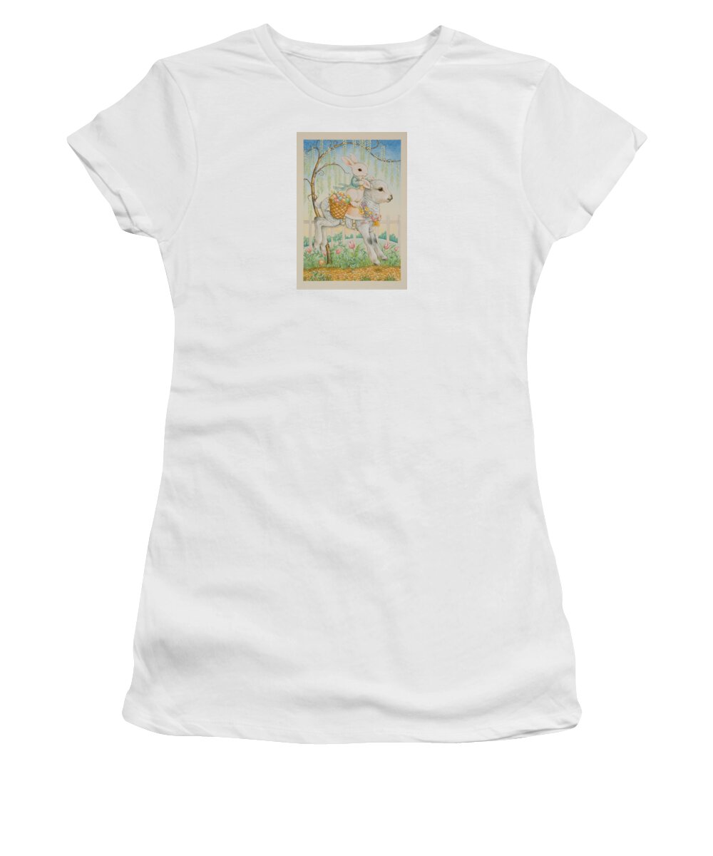 Easter Card Women's T-Shirt featuring the painting The Easter Bunny is Coming to Town by Lynn Bywaters