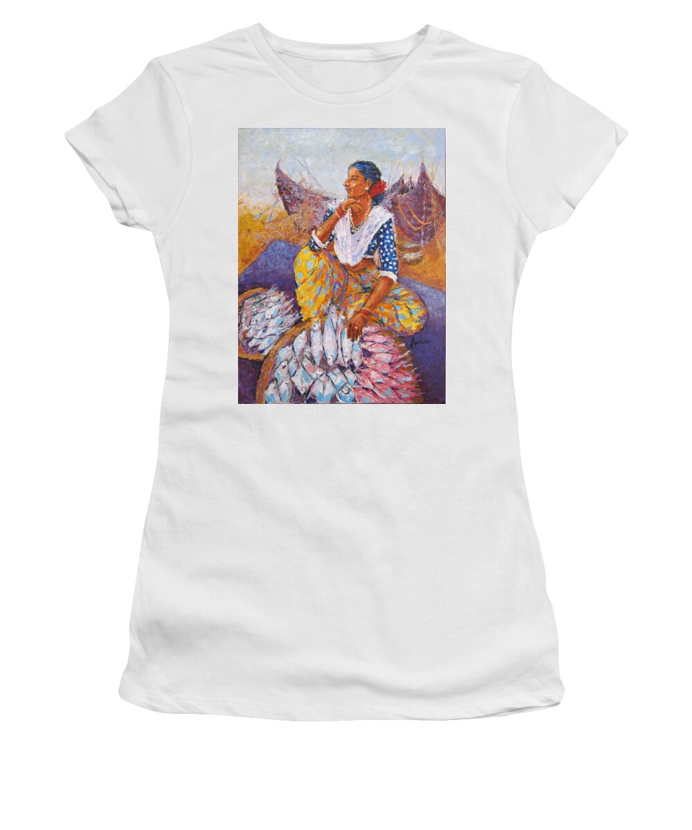 Fish Women's T-Shirt featuring the painting The Fisherwoman by Jyotika Shroff