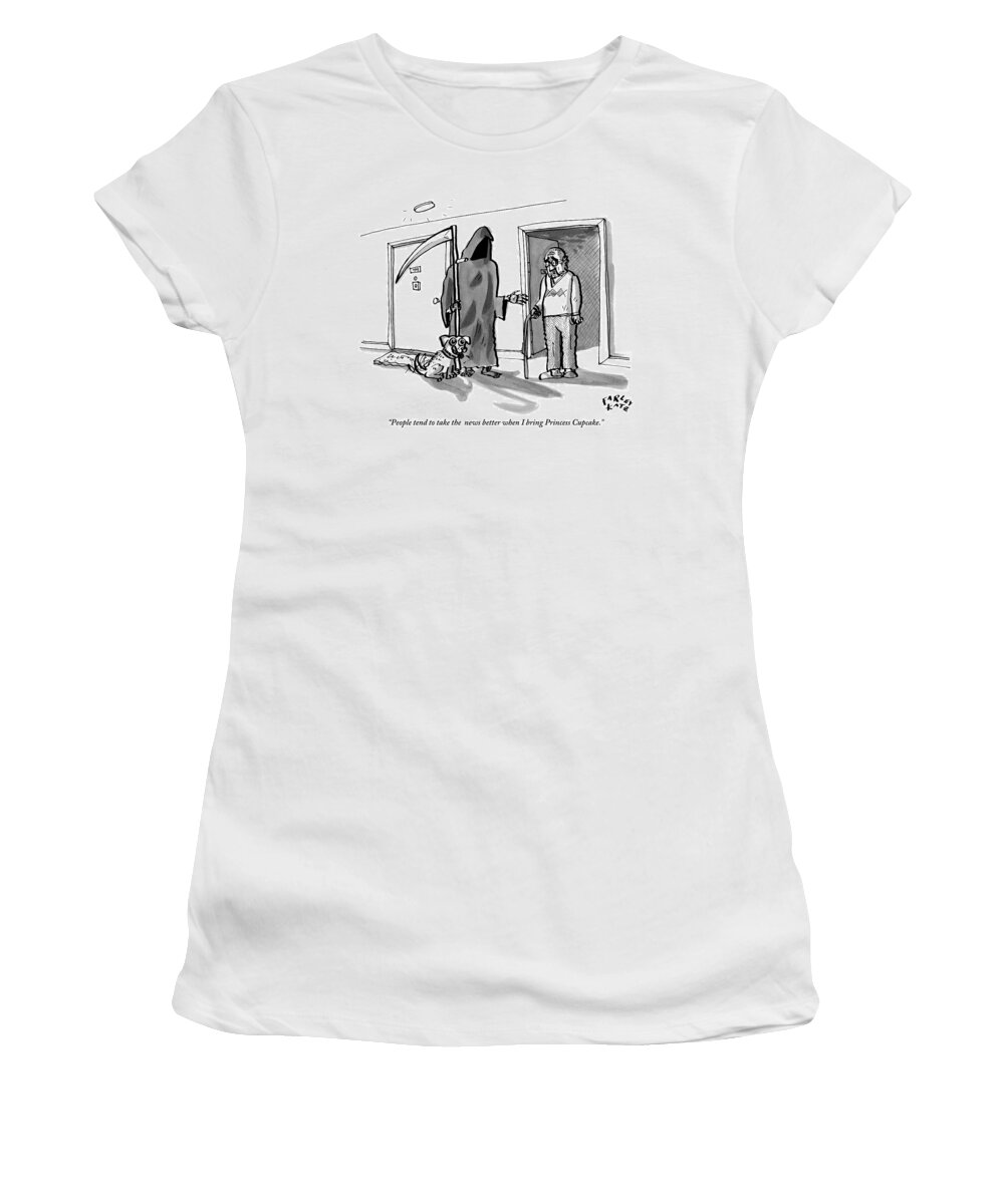 #condenastnewyorkercartoon Women's T-Shirt featuring the drawing The Grim Reaper Brings A Small Puppy by Farley Katz