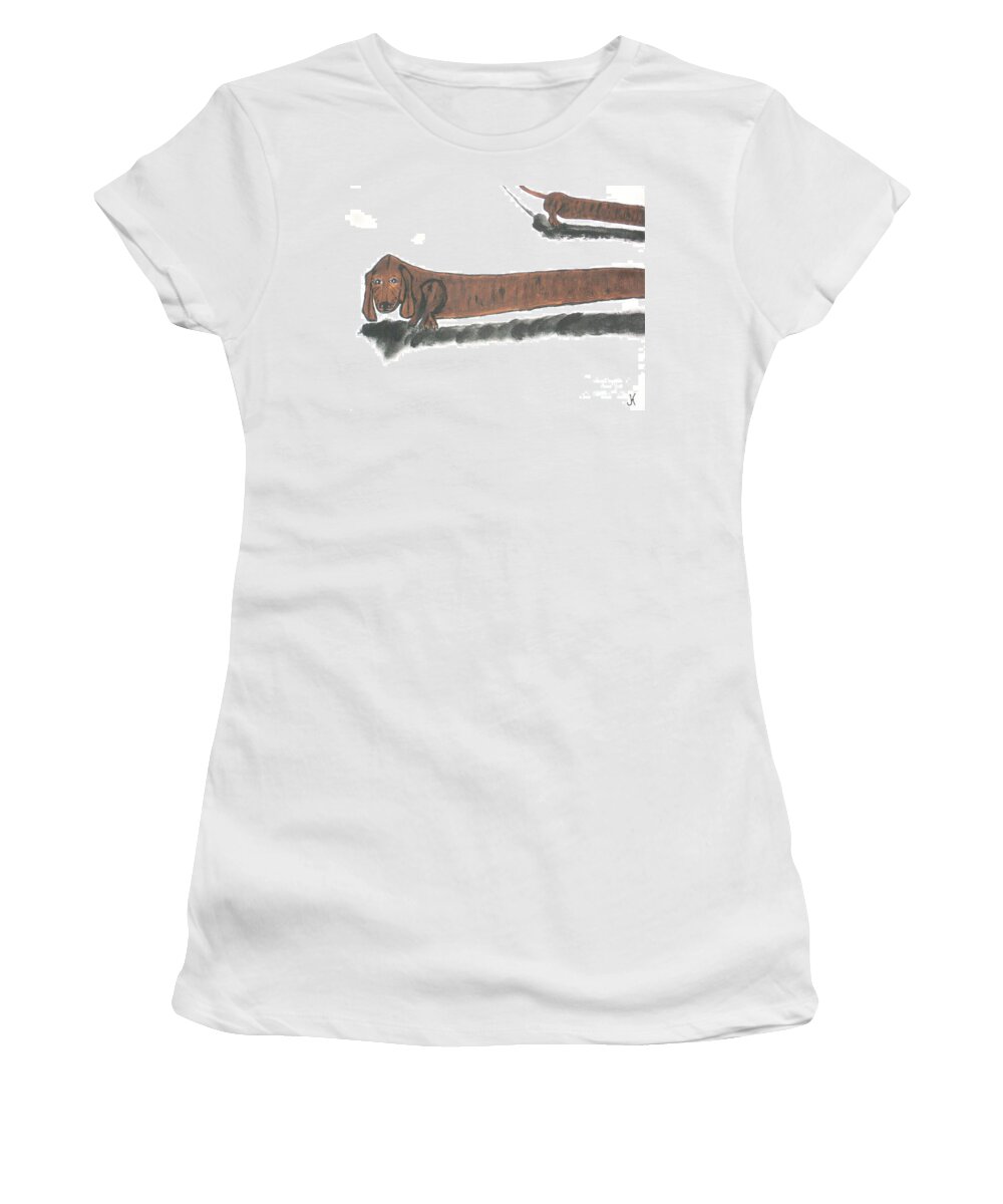 Dog Women's T-Shirt featuring the painting The Longest Dog In The World by Jeffrey Koss