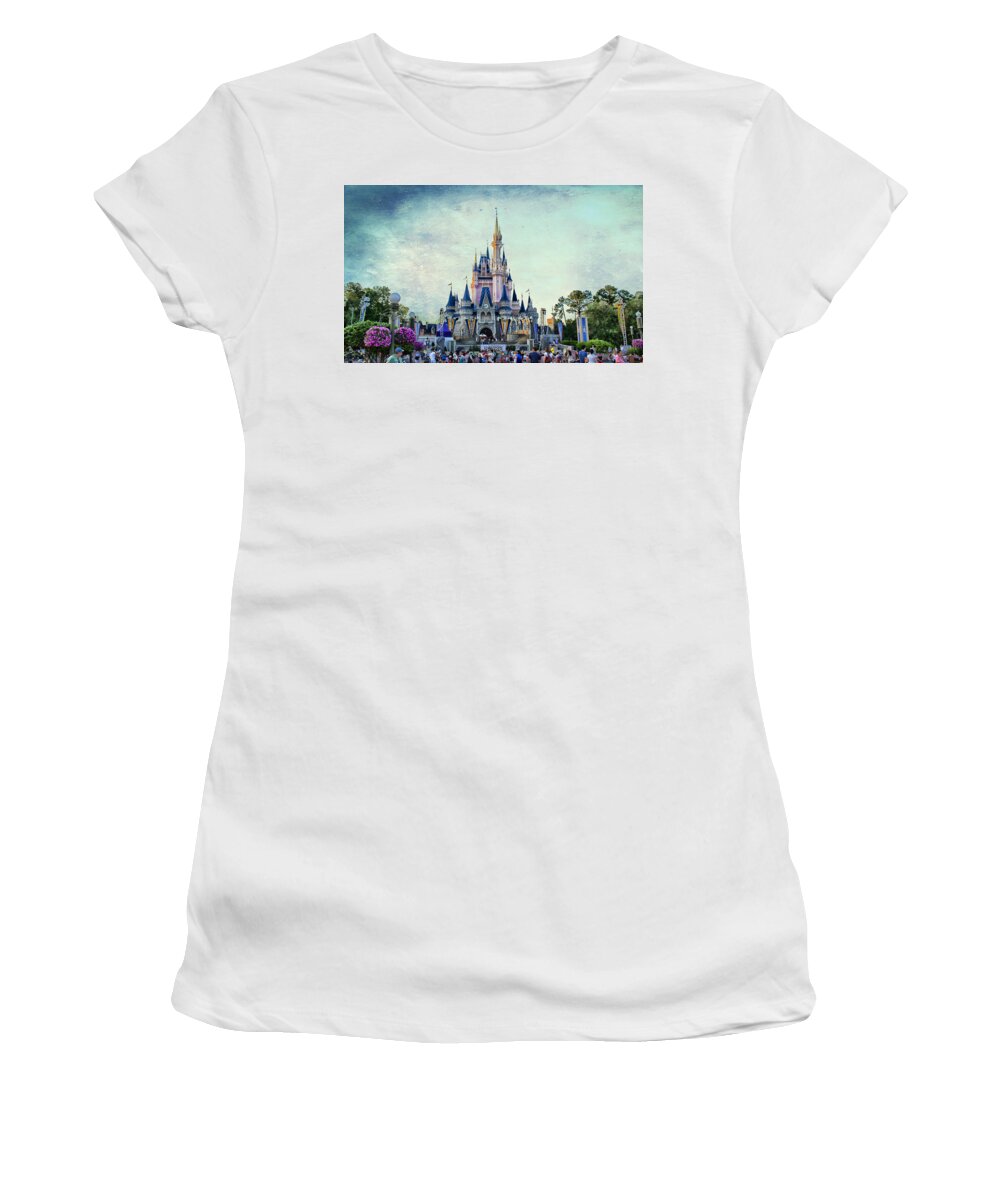 Castle Women's T-Shirt featuring the photograph The Magic Kingdom Castle Disney World On A Beautiful Summer Day Textured Sky by Thomas Woolworth