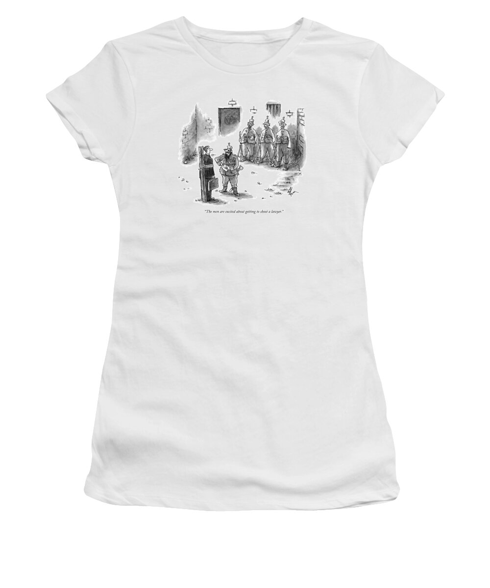 
(foreign Military General Speaks To Prisoner Who Is Tied Up Against A Wooden Post And Is Facing A Firing Squad.)
Death Women's T-Shirt featuring the drawing The Men Are Excited About Getting To Shoot by Frank Cotham