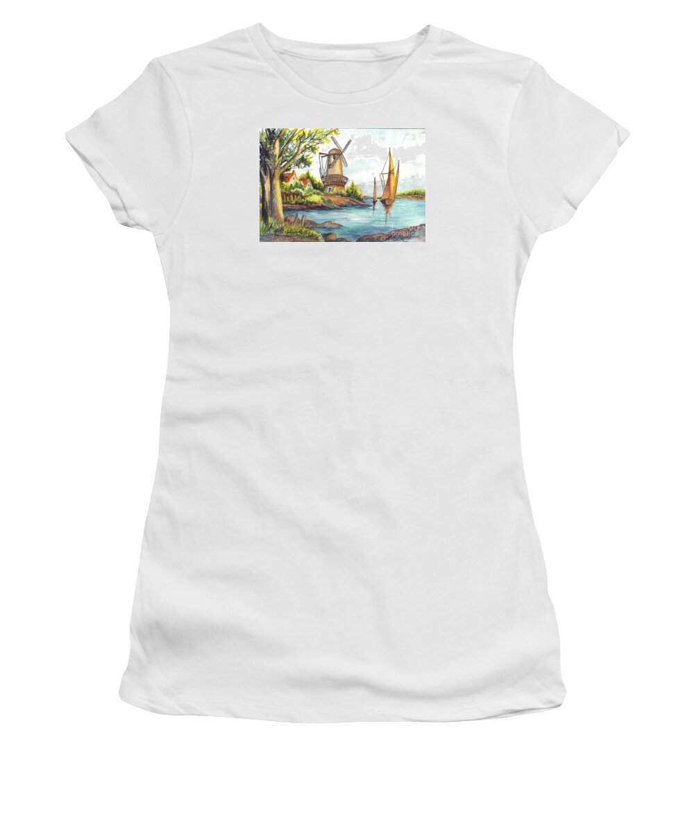 Windmill Women's T-Shirt featuring the painting The Olde Mill by Carol Wisniewski