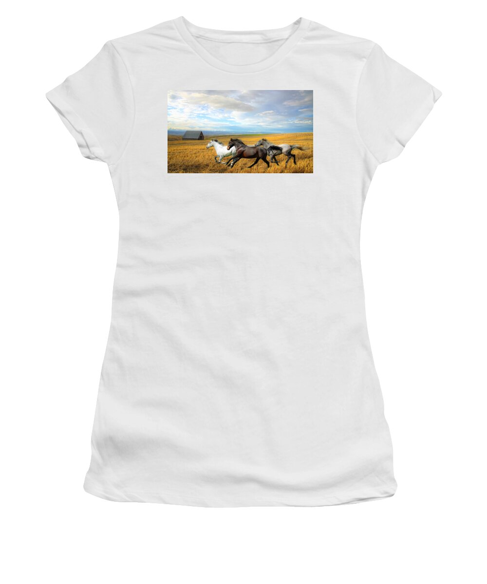 White Horses Women's T-Shirt featuring the photograph The Race by Steve McKinzie