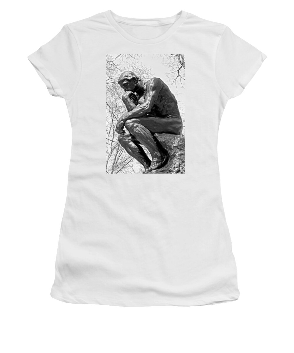 City Scenes Women's T-Shirt featuring the photograph The Thinker in Black and White by Lisa Phillips