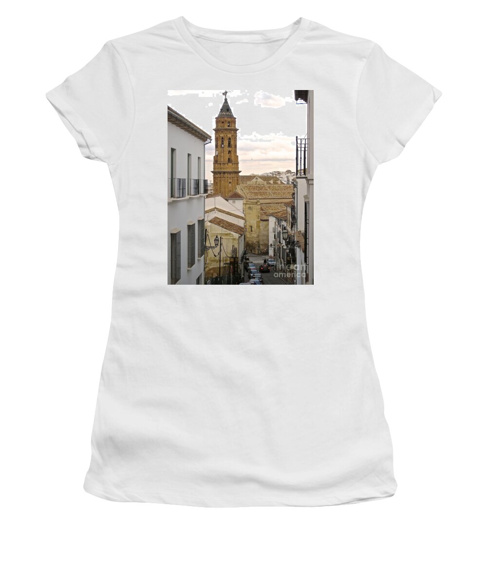 Spain Pueblos Blancos Andalucia Women's T-Shirt featuring the photograph The Town Tower by Suzanne Oesterling