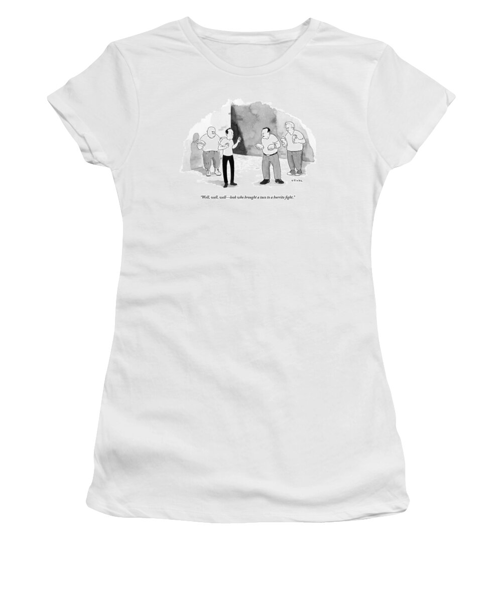 Gang Women's T-Shirt featuring the drawing Three Big Guys And One Skinny Guy Are Standing by Emily Flake