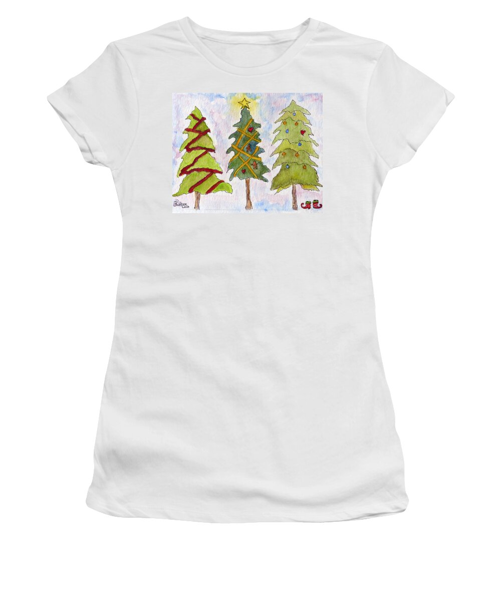 Christmas Women's T-Shirt featuring the painting Three Christmas Trees and elf slippers by Paula Joy Welter