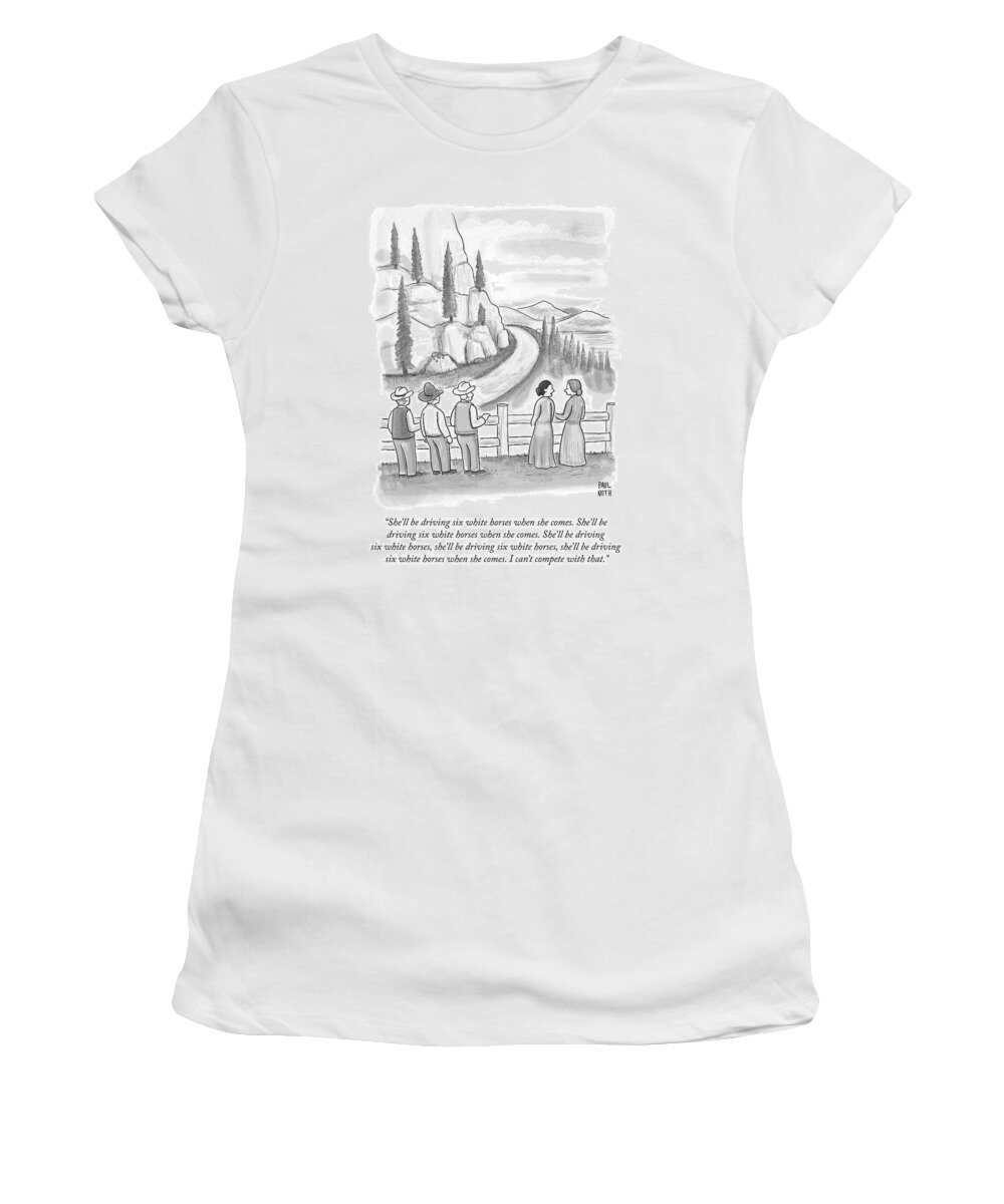 Songs Women's T-Shirt featuring the drawing Three Frontiersmen And Two Women Watch A Mountain by Paul Noth