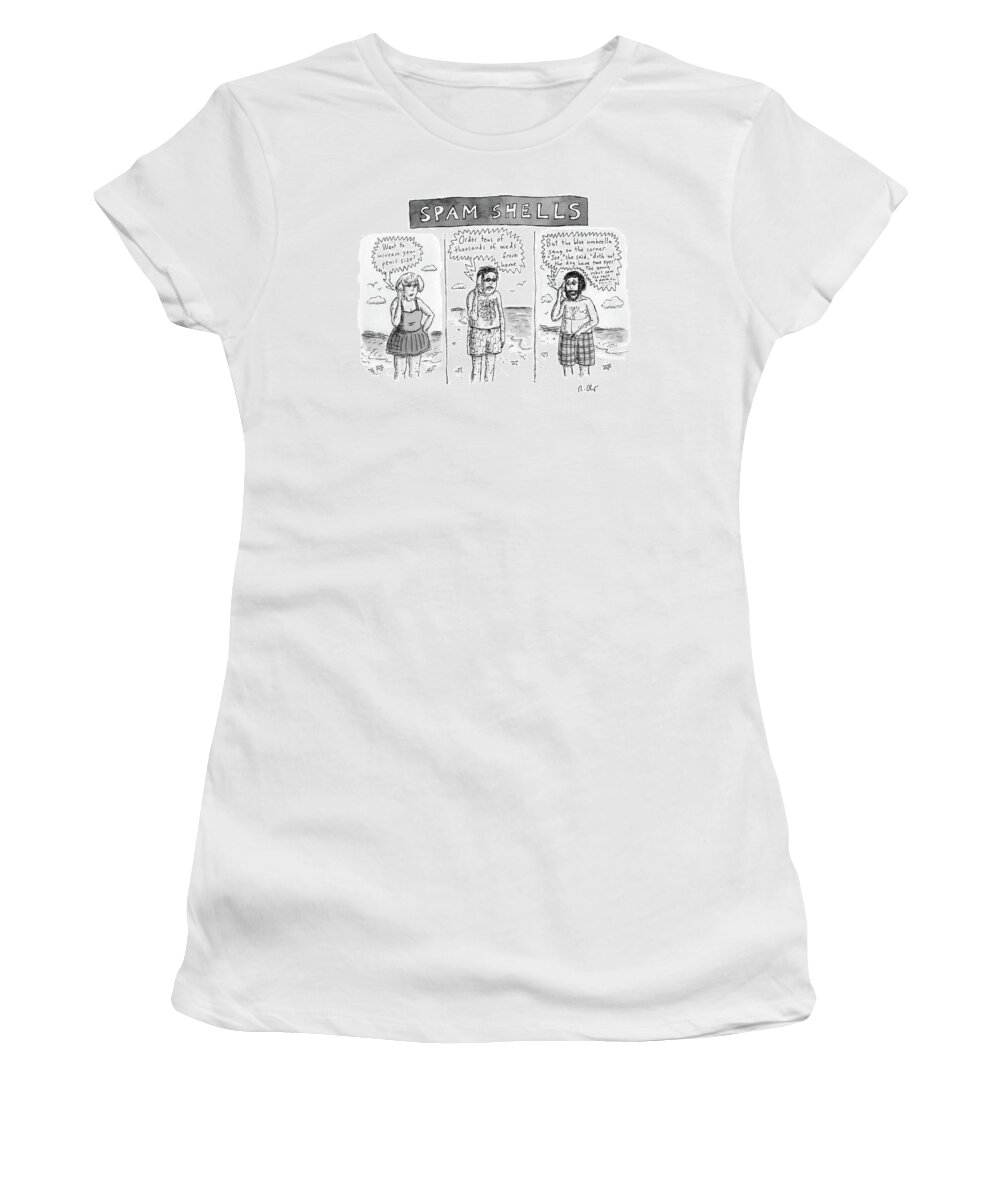 Why Women's T-Shirt featuring the drawing Three Panels Of People In Swimsuits On The Beach by Roz Chast