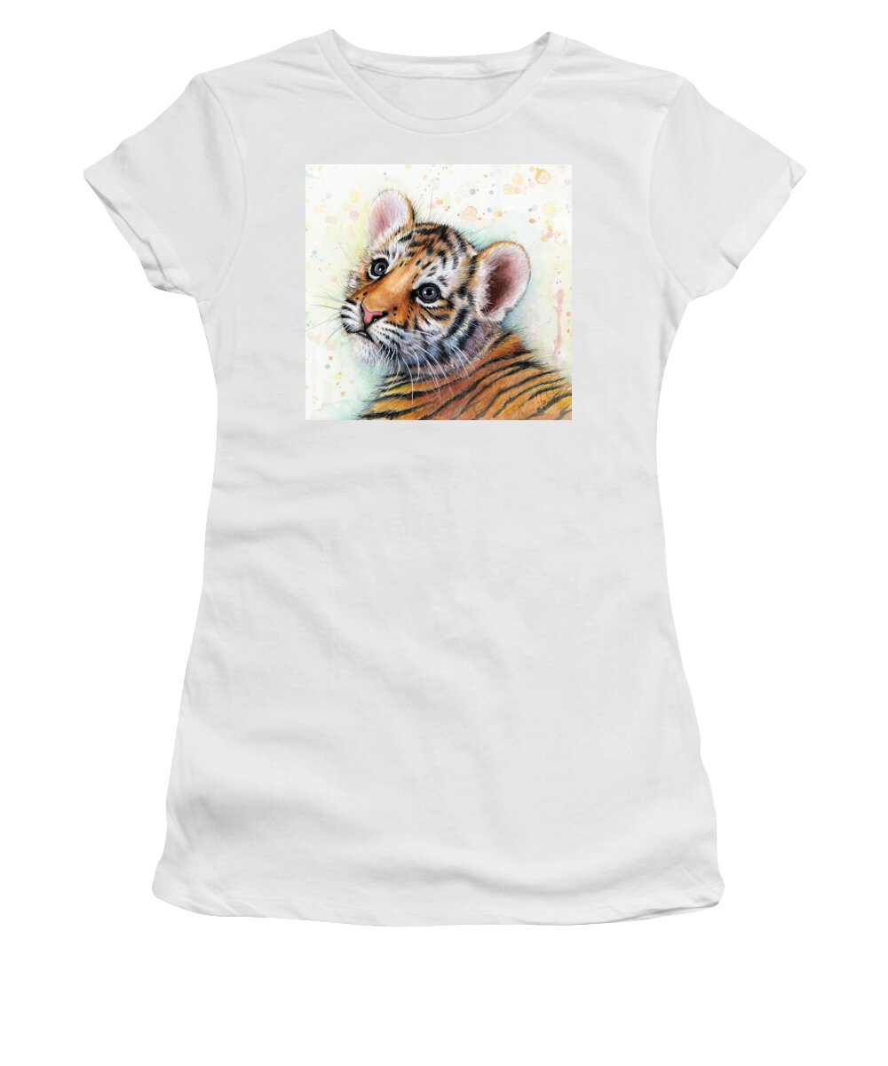Tiger Women's T-Shirt featuring the painting Tiger Cub Watercolor Art by Olga Shvartsur