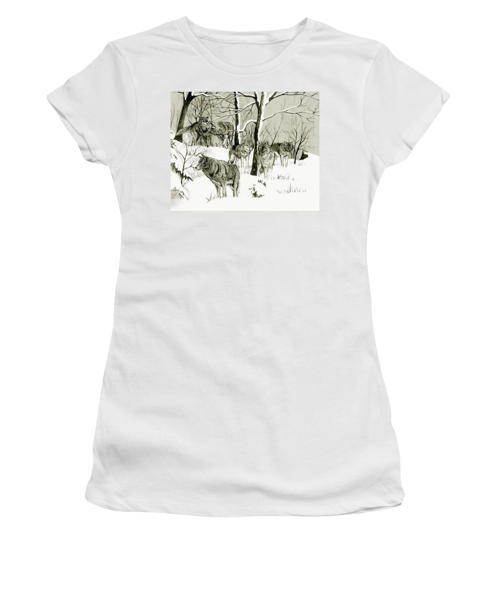 Landscape Women's T-Shirt featuring the drawing Timber Wolf Pack by Anthony Seeker