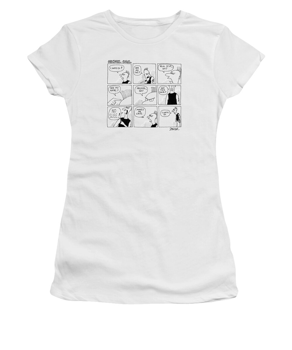 Modern Life Women's T-Shirt featuring the drawing Title: Obnox. Com. Strip Of Nine Frames by Jack Ziegler