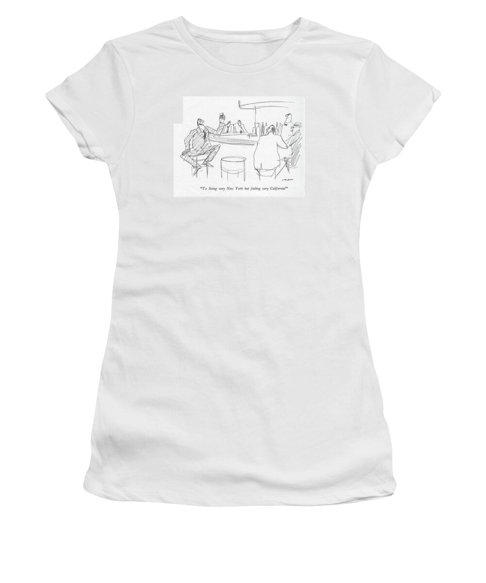 86424 Ars Al Ross (man Making A Toast In A Bar.) Bar Barroom Bars Bartender Beer Booze Coast Drinking East House Metropolitan Pub Public Tavern Toast Toasting West Women's T-Shirt featuring the drawing To Living Very New York But Feeling by Al Ross