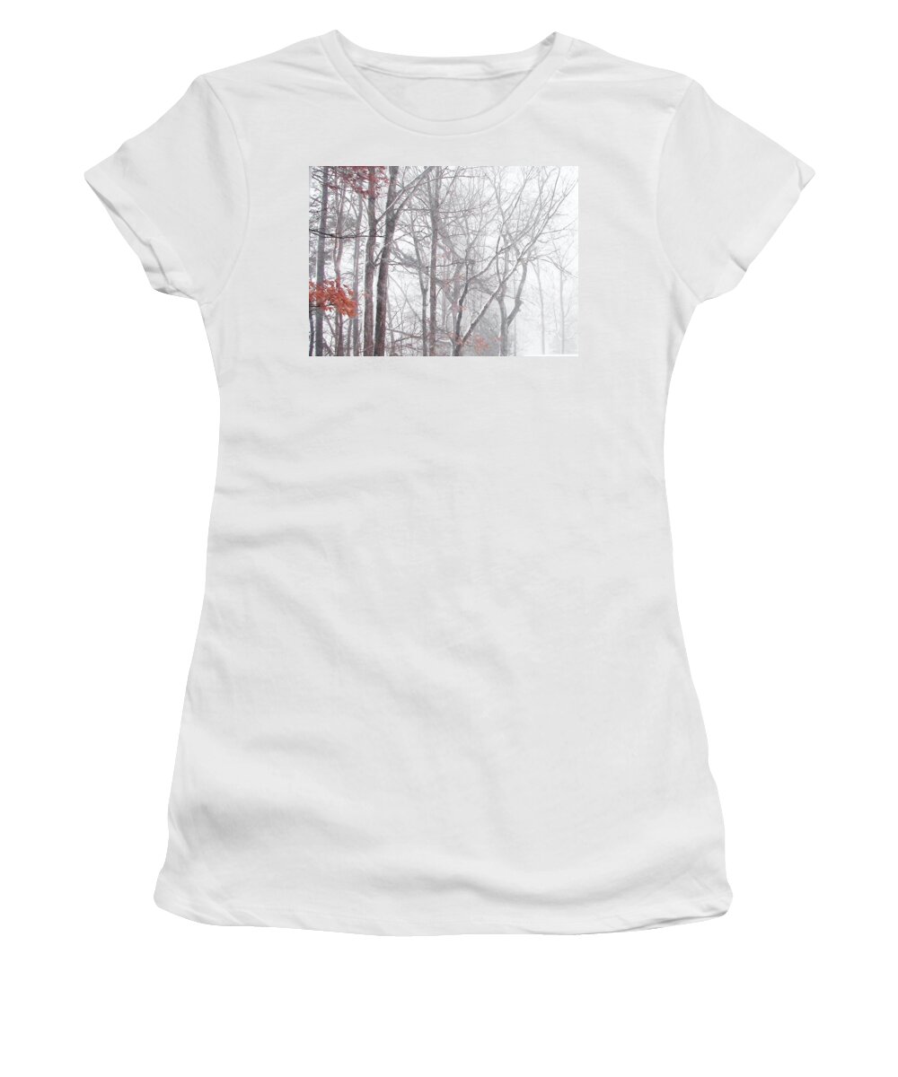 Nature Women's T-Shirt featuring the photograph Touch of Fall in Winter Fog by Pamela Hyde Wilson