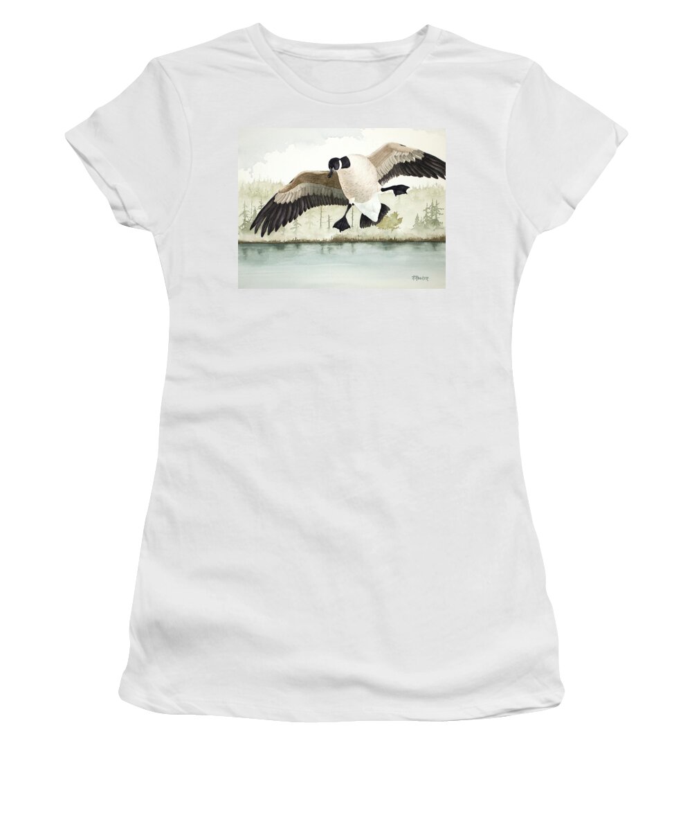 Goose Women's T-Shirt featuring the painting Touchdown by Richard Rooker