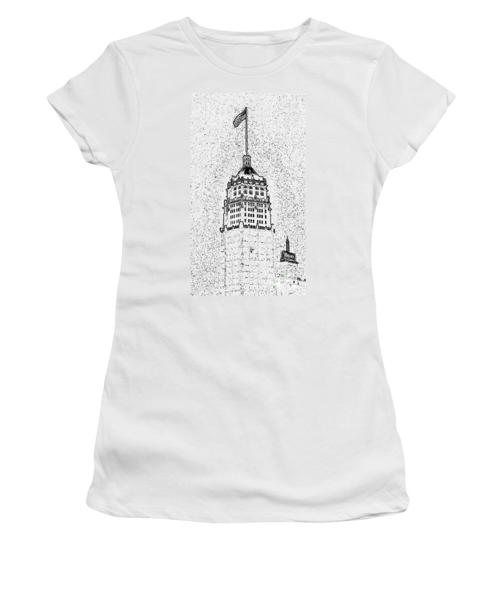 San Antonio Women's T-Shirt featuring the digital art Tower Life Building San Antonio Texas Night Skyline Stamp Digital Art by Shawn O'Brien