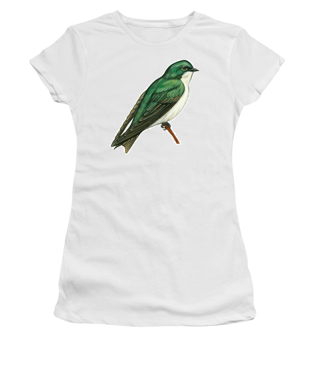 No People; Square Image; Side View; Full Length; White Background; One Animal; Wildlife; Close Up; Illustration And Painting; Zoology; Bird; Branch; Wing; Feather; Perching; Beak; Tree Swallow; Tachycineta Bicolor; Green Women's T-Shirt featuring the drawing Tree swallow by Anonymous