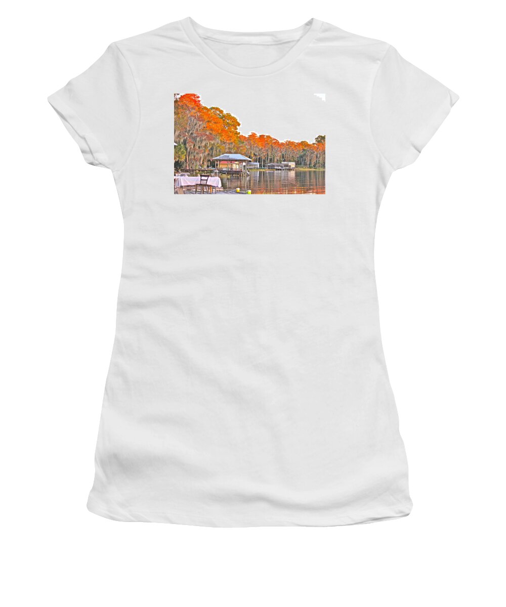 All Products Women's T-Shirt featuring the photograph Trees By The Lake by Lorna Maza