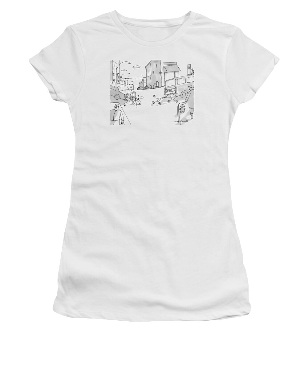 Just Divorced Women's T-Shirt featuring the drawing Two Cars Pull Away From Each Other With Cans Tied by Michael Crawford