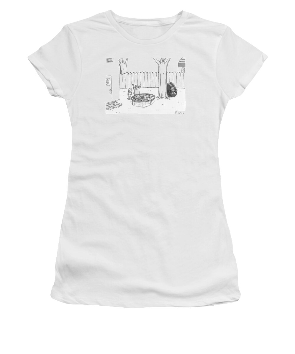 Spiders Women's T-Shirt featuring the drawing Two Children Excitedly Look At A Web Disguised by Zachary Kanin