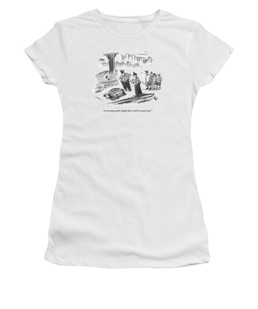 Fur Women's T-Shirt featuring the drawing Two Cops Stand Over A Man On The Ground In A Fur by Frank Cotham
