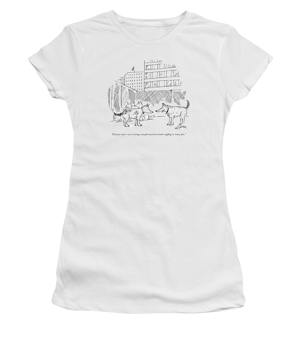 Police Dogs Women's T-Shirt featuring the drawing Two Dogs In A Kennel Speak To Each Other by Mike Twohy