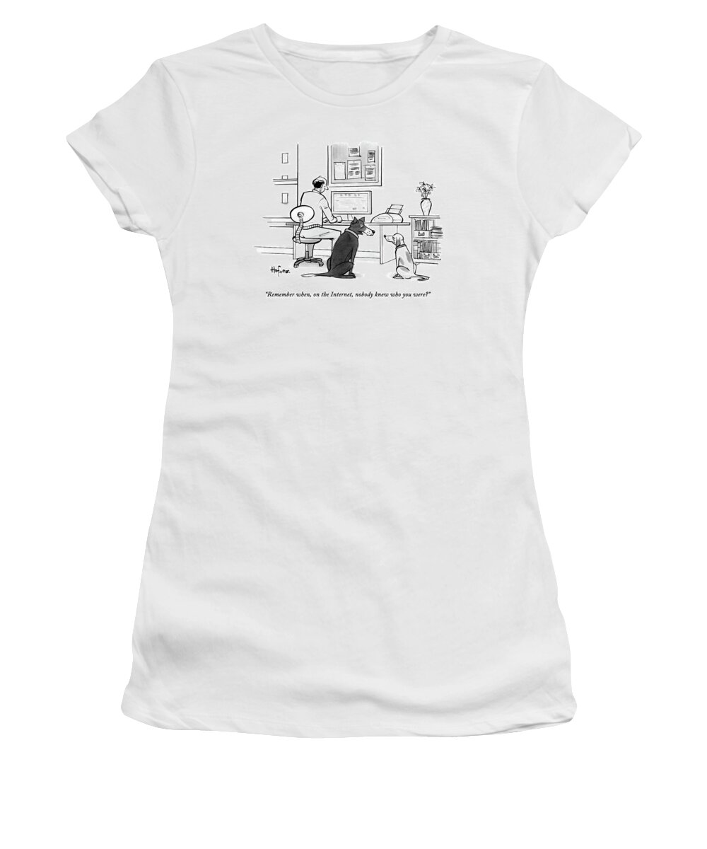Remember When Women's T-Shirt featuring the drawing Two Dogs Speak As Their Owner Uses The Computer - by Kaamran Hafeez