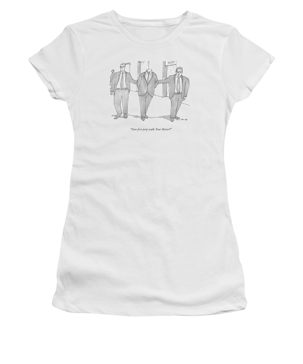 Crime Women's T-Shirt featuring the drawing Two Fbi Agents Lead A Sheepish-looking Arrestee by Michael Crawford