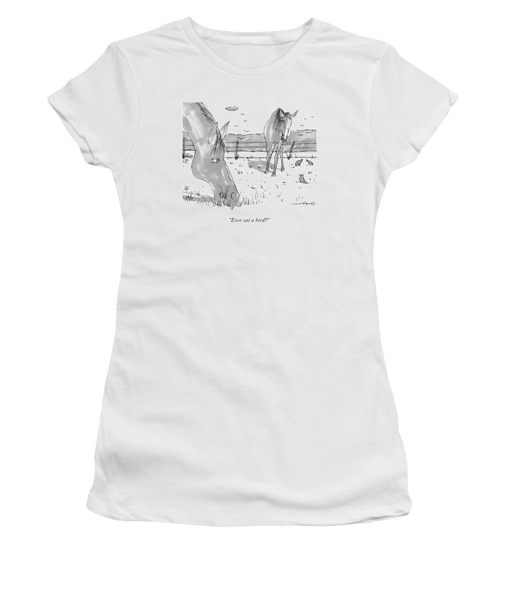 Horses Women's T-Shirt featuring the drawing Two Grazing Horses. A Few Birds Peck Nearby by Michael Crawford