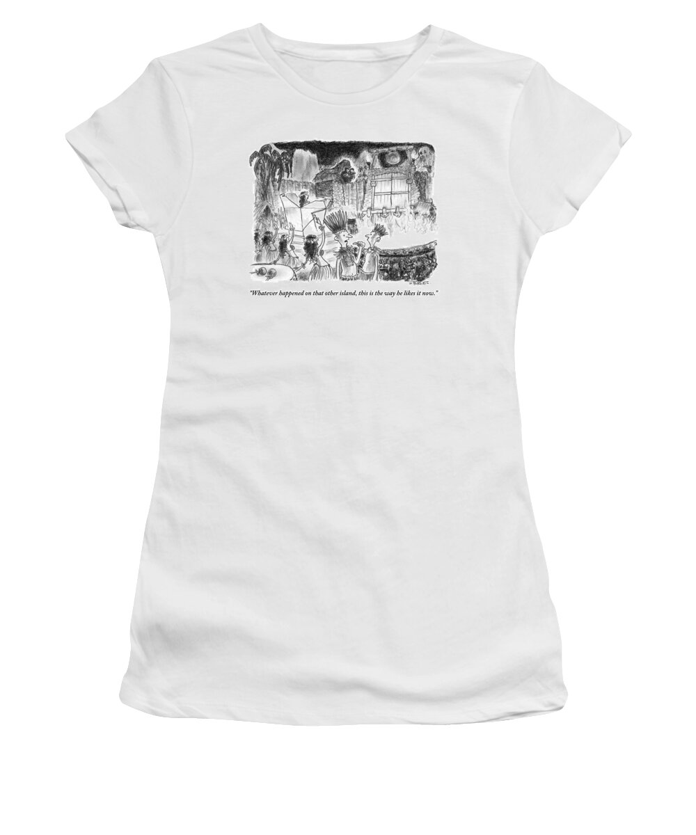 Island Women's T-Shirt featuring the drawing Two Islanders Chat As King Kong Approaches by Pat Byrnes