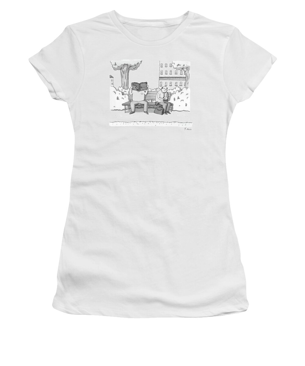 Captionless Women's T-Shirt featuring the drawing Two Men On A Bench. One Is Eating A Sandwich by Zachary Kanin