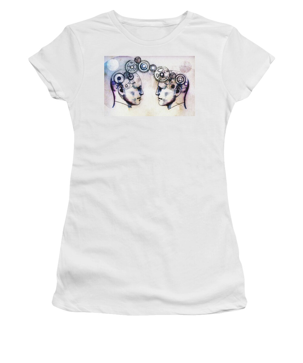 Adult Women's T-Shirt featuring the photograph Two Mens Heads Face To Face Connected by Ikon Ikon Images