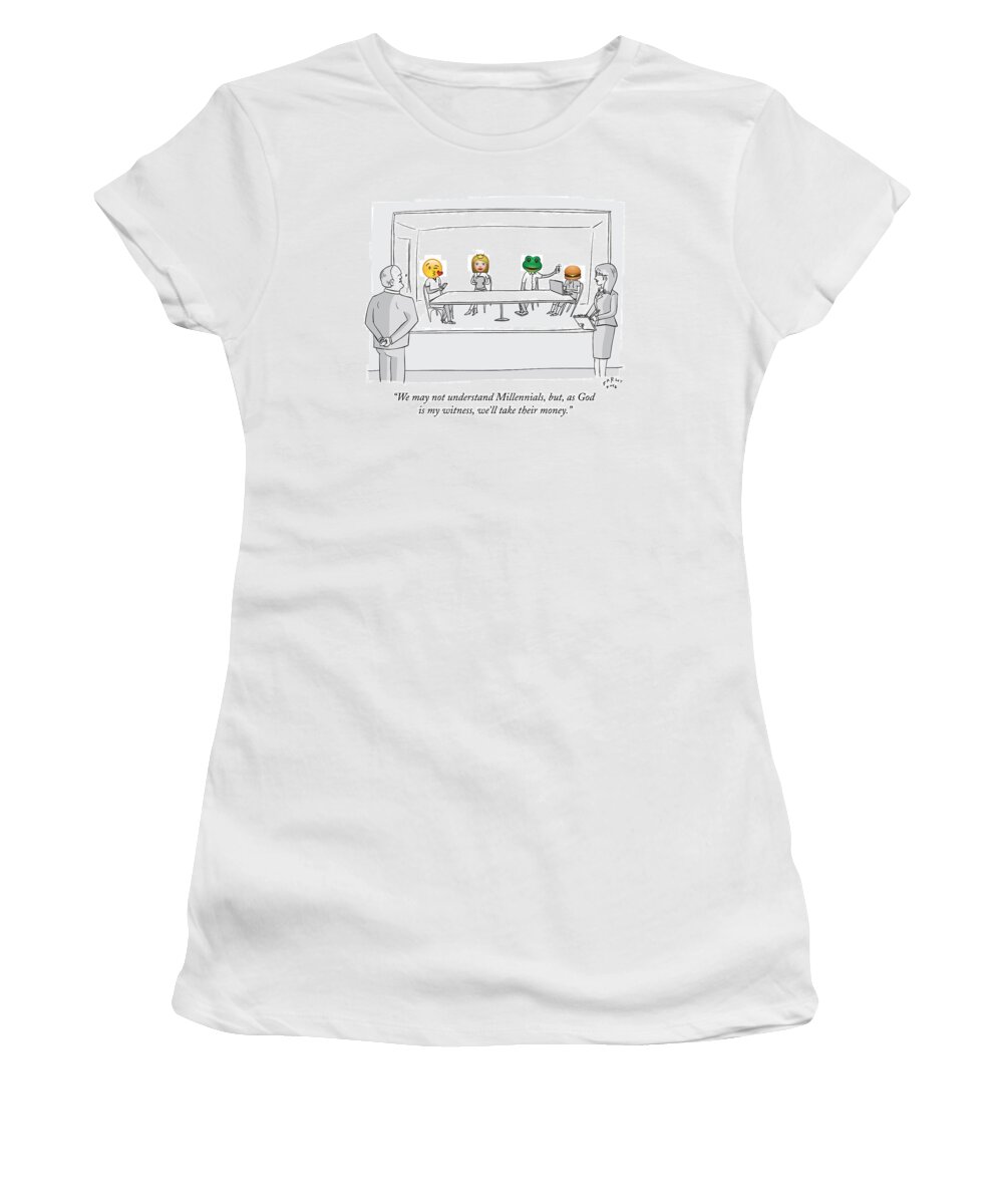 Emojis Women's T-Shirt featuring the drawing Two Office Workers Look Through Double Sided by Farley Katz