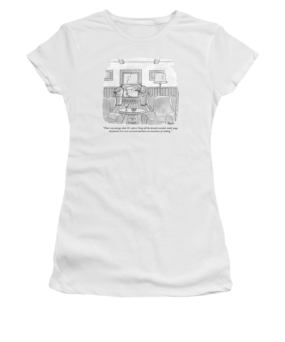 Documents Women's T-Shirt featuring the drawing Two Old Men Drinking Martinis Are Looking by Jack Ziegler