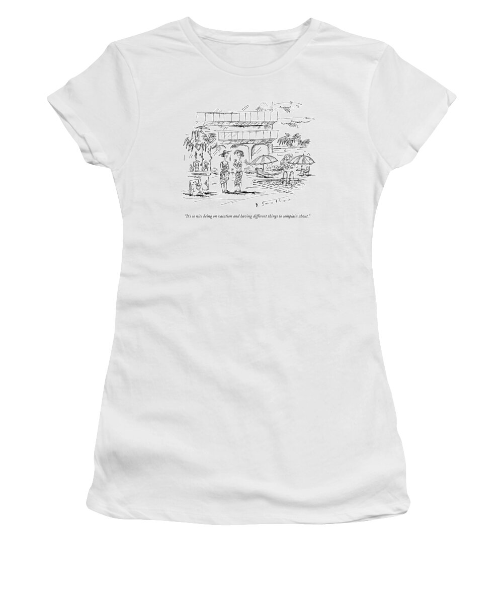 Vacation Women's T-Shirt featuring the drawing Two Women In A Warm Holiday Resort Speak To Each by Barbara Smaller