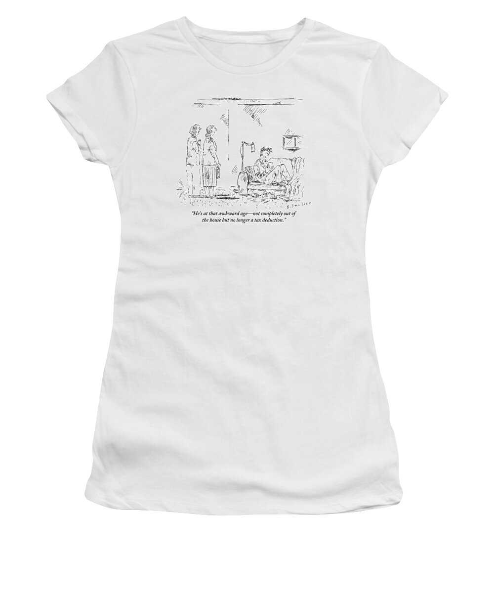 Teen Women's T-Shirt featuring the drawing Two Women Stare At Dirty Guy On Couch by Barbara Smaller