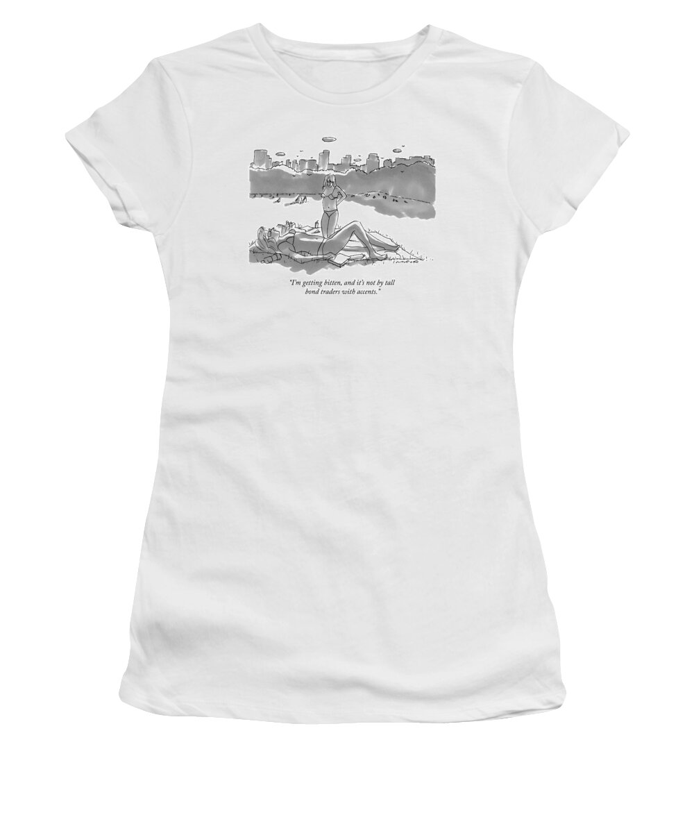 Insect Bites Women's T-Shirt featuring the drawing Two Women Sun Bathe In Central Park by Michael Crawford