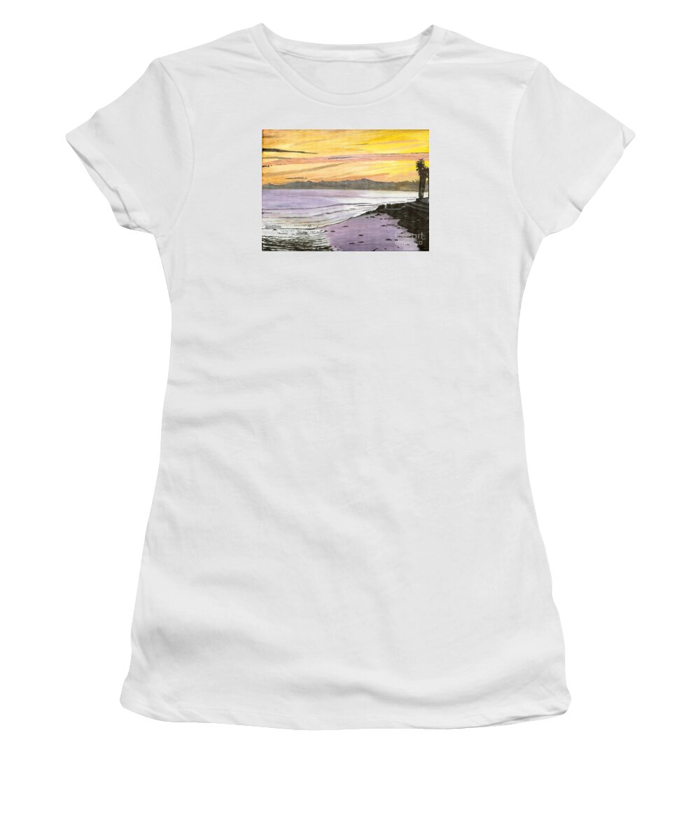 Waves Women's T-Shirt featuring the painting Ventura Point at Sunset by Ian Donley