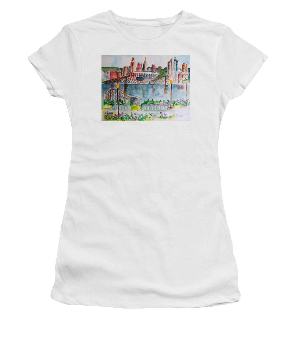 Cincinnati Skyline Women's T-Shirt featuring the painting View from Devou by Elaine Duras