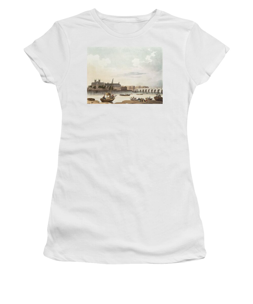 Rowing Boats Women's T-Shirt featuring the photograph View Of Westminster And The Bridge Wc On Paper by English School