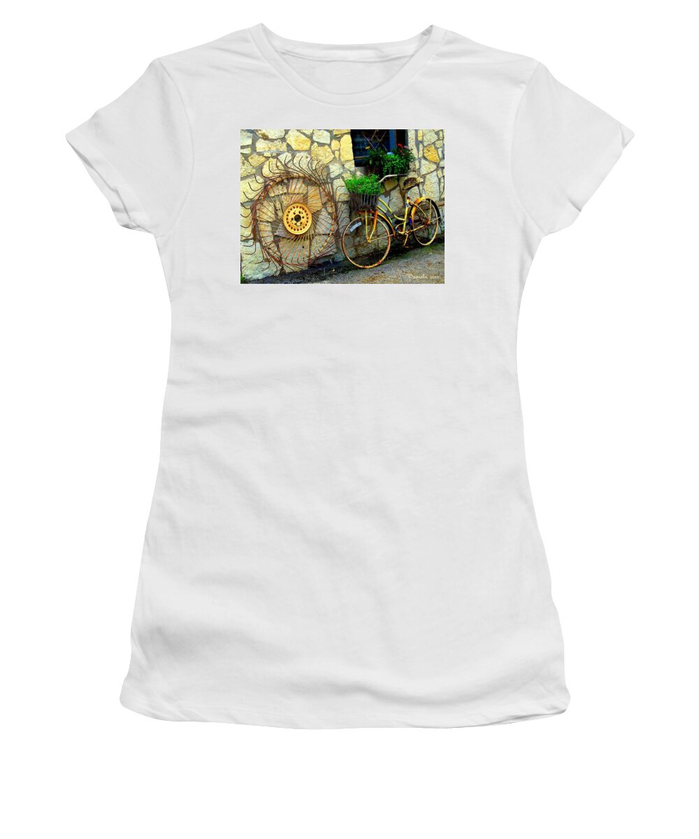 Old Farm Equipment Women's T-Shirt featuring the digital art Antique Store Hay Rake And Bicycle by Pamela Smale Williams