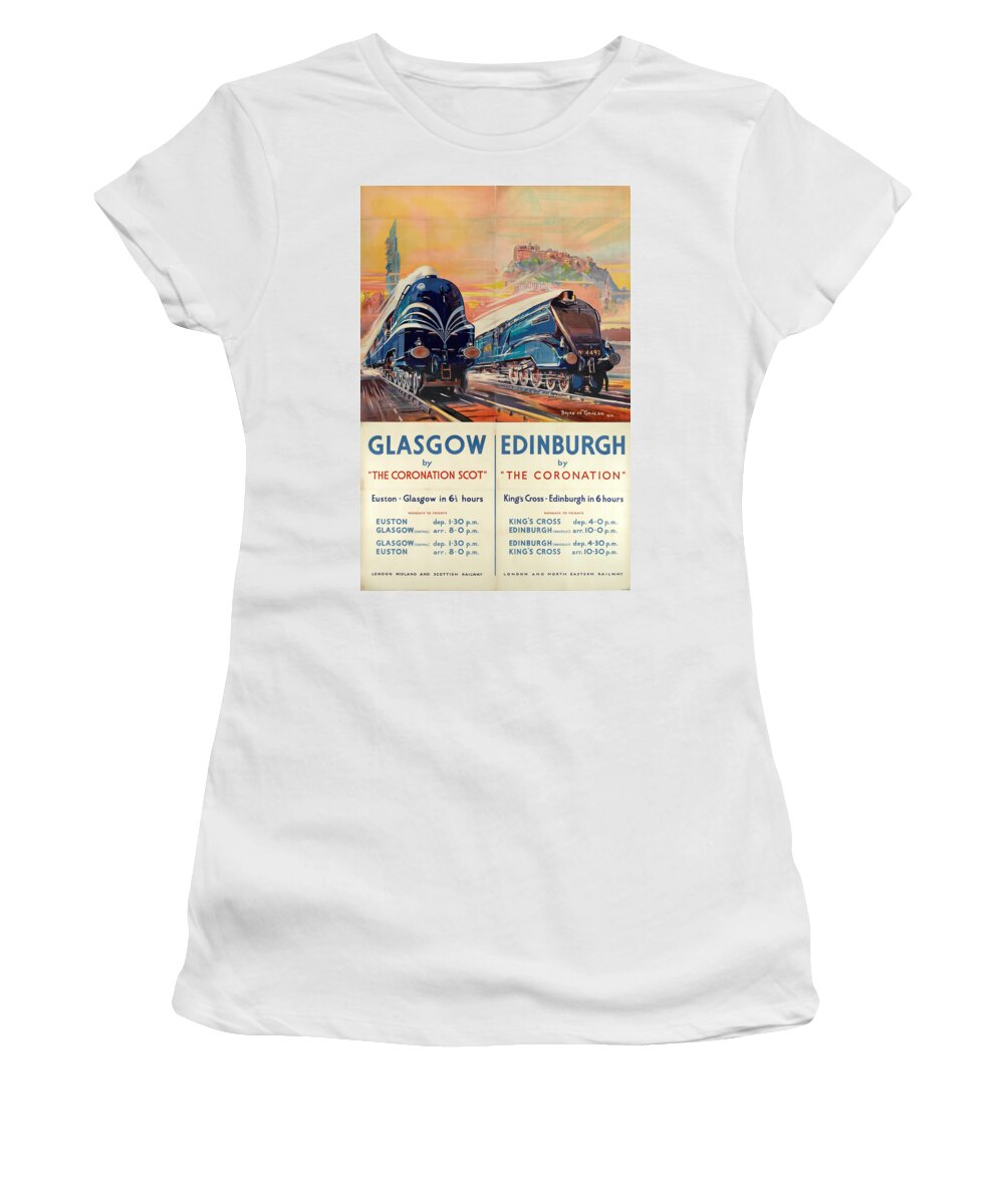 Glasgow Women's T-Shirt featuring the digital art Vintage Train Travel - Glasgow and Edinburgh by Georgia Fowler