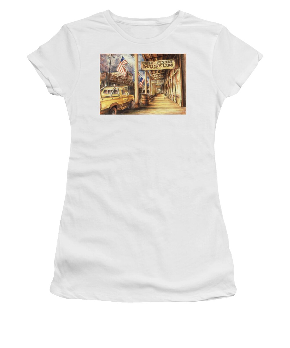 Virginia+city Women's T-Shirt featuring the painting Virginia City Nevada - Western Art Painting by Peter Potter