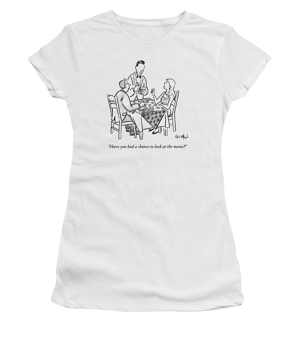 Restaurants Women's T-Shirt featuring the drawing Waiter Speaks To A Couple Waiting So Long by Robert Leighton