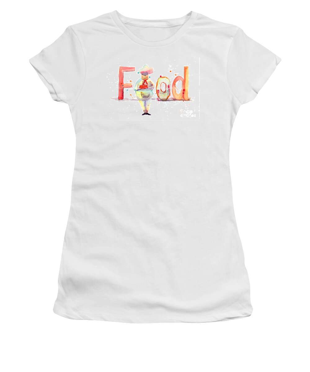 Cake Women's T-Shirt featuring the painting Watercolor illustration of inscription food with chef by Regina Jershova