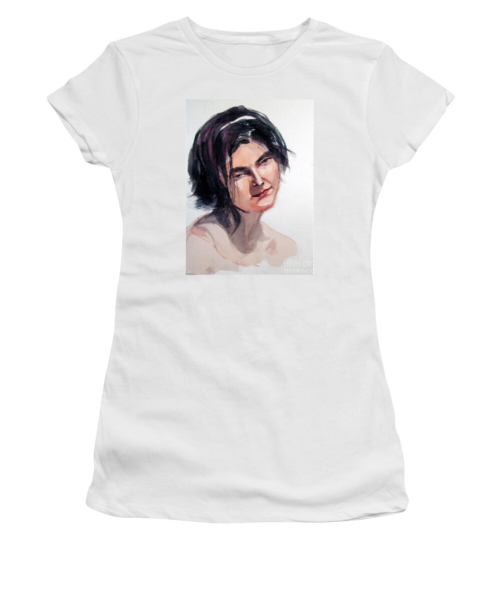  Women's T-Shirt featuring the painting Watercolor portrait of a young pensive woman with headband by Greta Corens